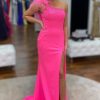 Homrain Mermaid One Shoulder Long Prom Dress With Feathers | Hot Pink Prom Dresses