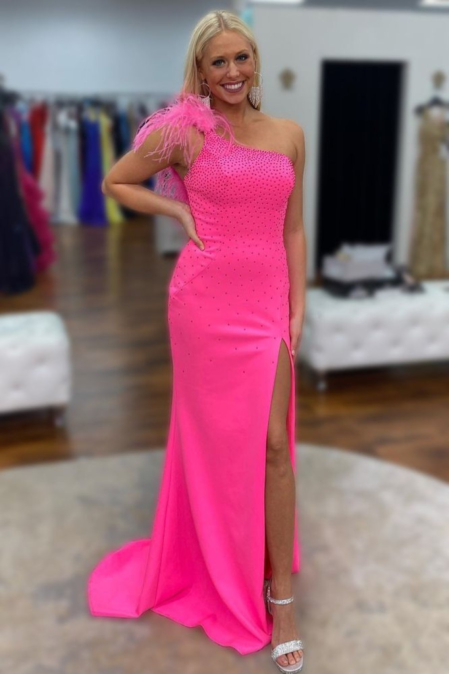 Homrain Mermaid One Shoulder Long Prom Dress With Feathers | Hot Pink Prom Dresses