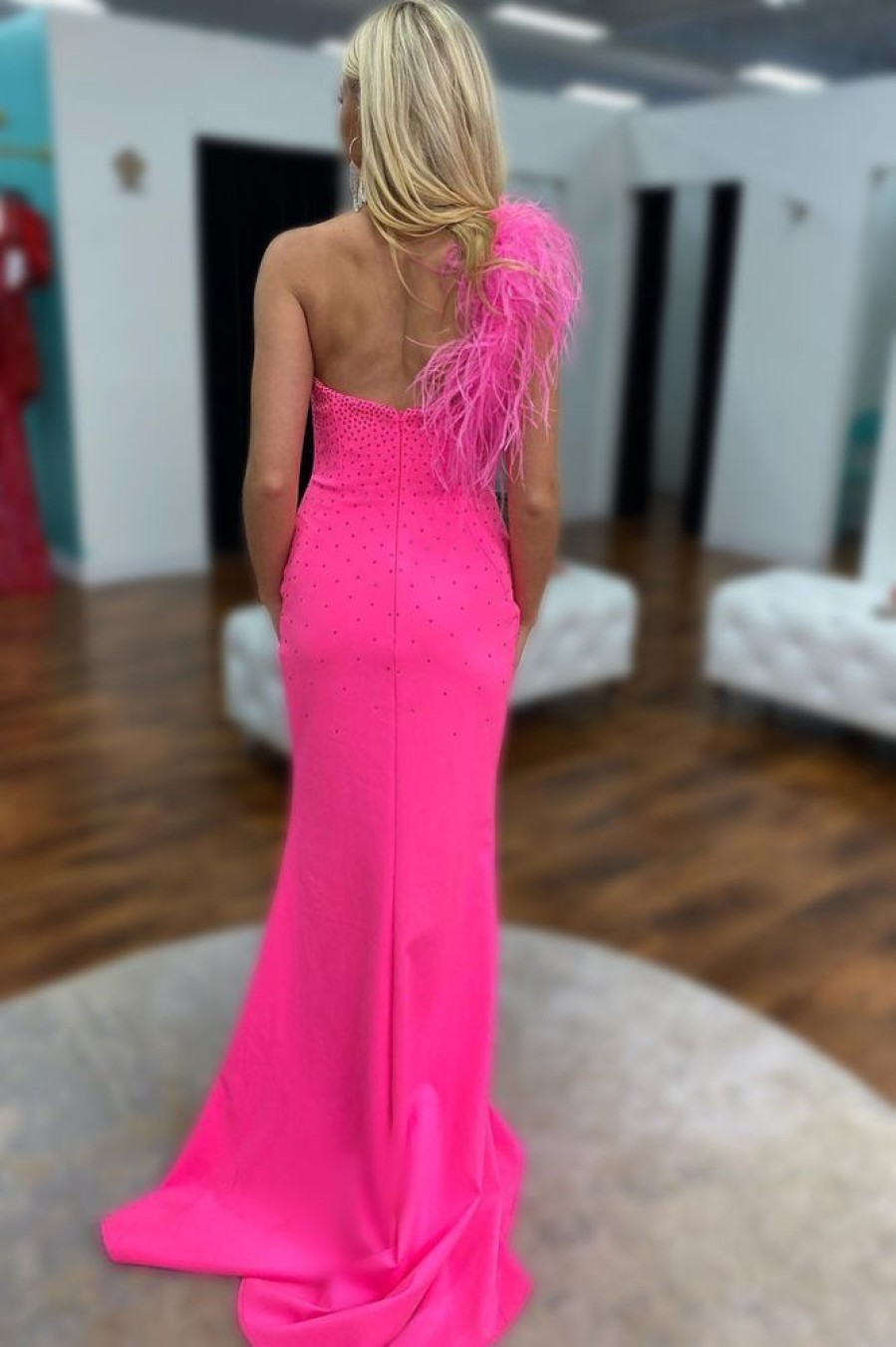 Homrain Mermaid One Shoulder Long Prom Dress With Feathers | Hot Pink Prom Dresses