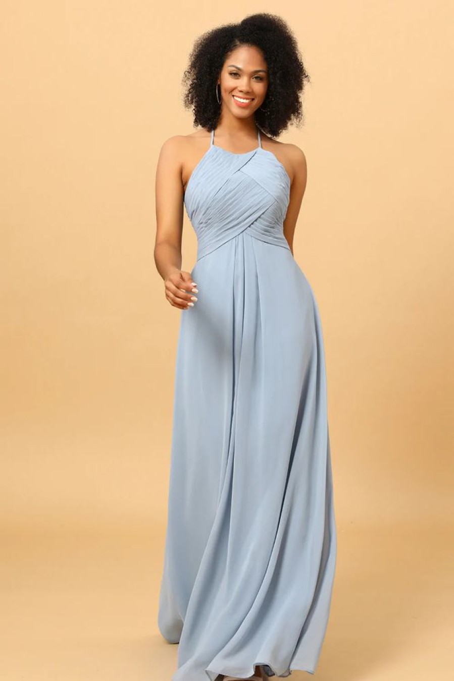 Homrain Halter Chiffon Blue Bridesmaid Dress With Ruffles | Boho Bridesmaid Dresses