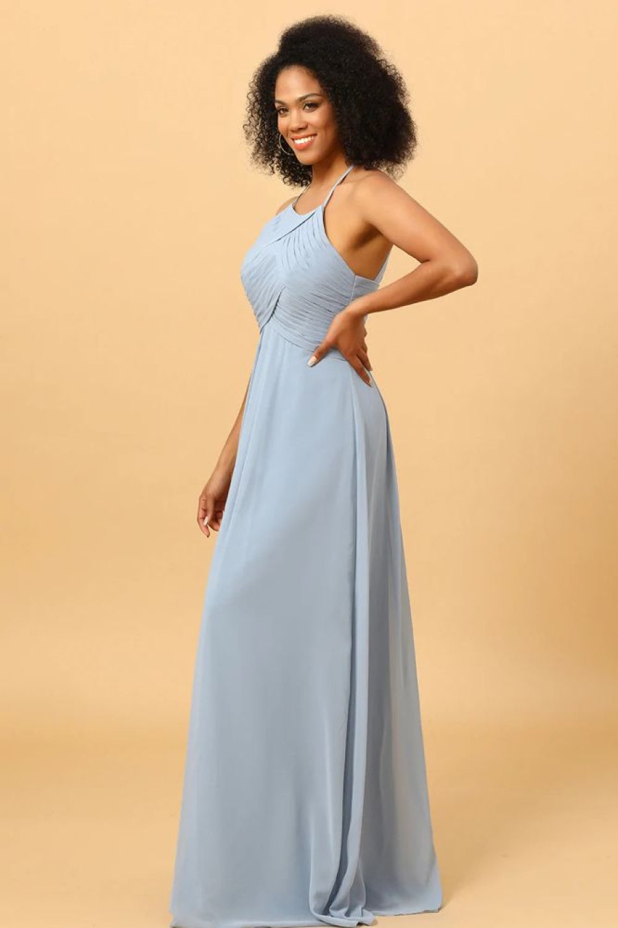 Homrain Halter Chiffon Blue Bridesmaid Dress With Ruffles | Boho Bridesmaid Dresses