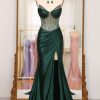 Homrain Mermaid Satin Strapless Long Corset Prom Dress With Slit | Green Prom Dresses