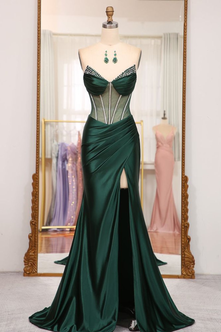 Homrain Mermaid Satin Strapless Long Corset Prom Dress With Slit | Green Prom Dresses