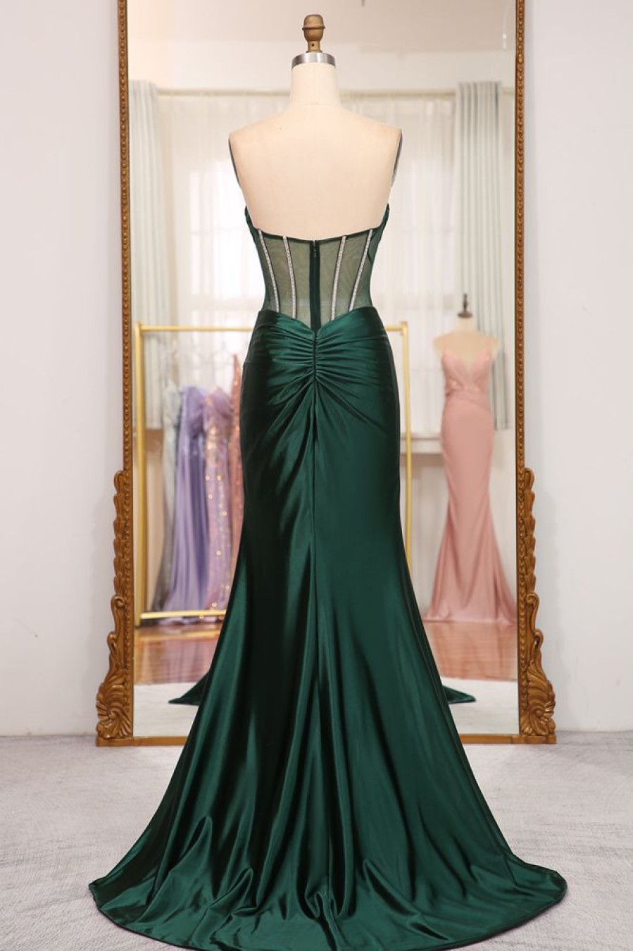 Homrain Mermaid Satin Strapless Long Corset Prom Dress With Slit | Green Prom Dresses