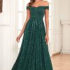 Homrain Glitter A Line Off The Shoulder Long Prom Dress | Green Prom Dresses