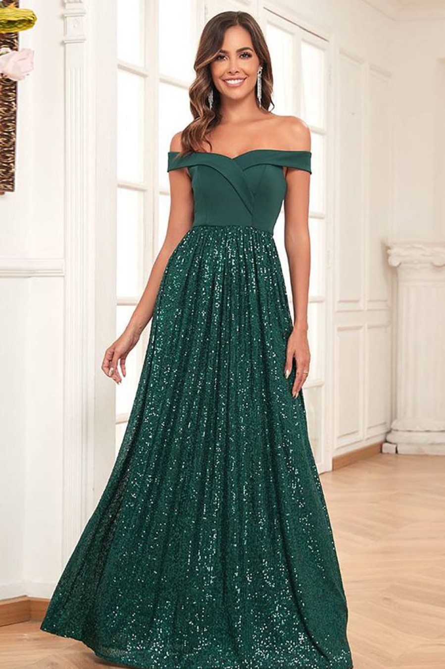 Homrain Glitter A Line Off The Shoulder Long Prom Dress | Green Prom Dresses