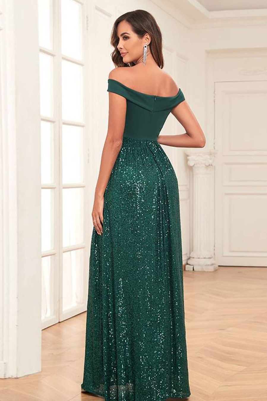 Homrain Glitter A Line Off The Shoulder Long Prom Dress | Green Prom Dresses