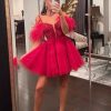 Homrain Glitter A-Line Sequins Tulle Short Homecoming Dress With Feathers | Red Hoco Dresses