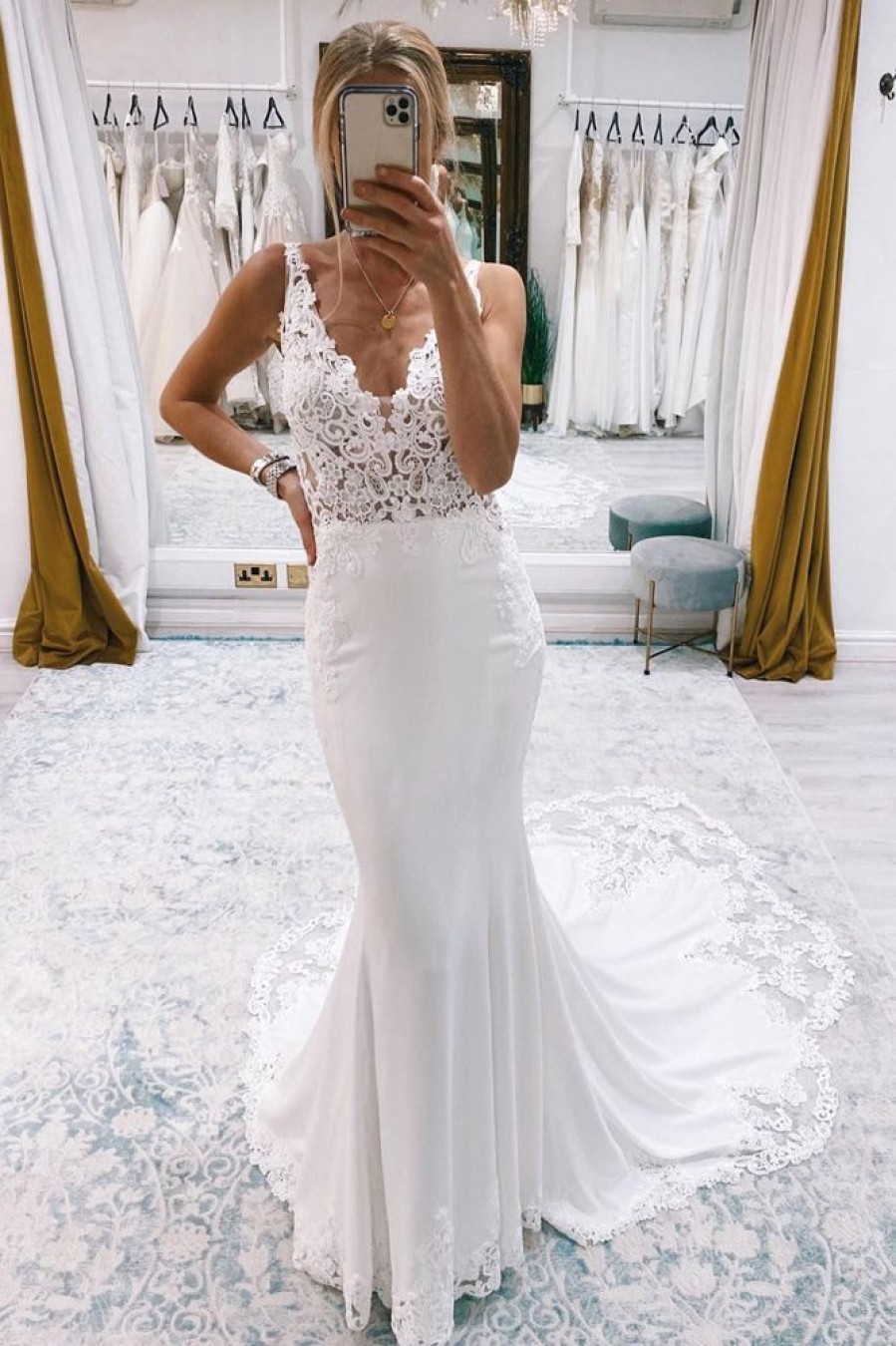 Homrain Mermaid Deep V-Neck Long Wedding Dress With Lace | Lace Wedding Dresses