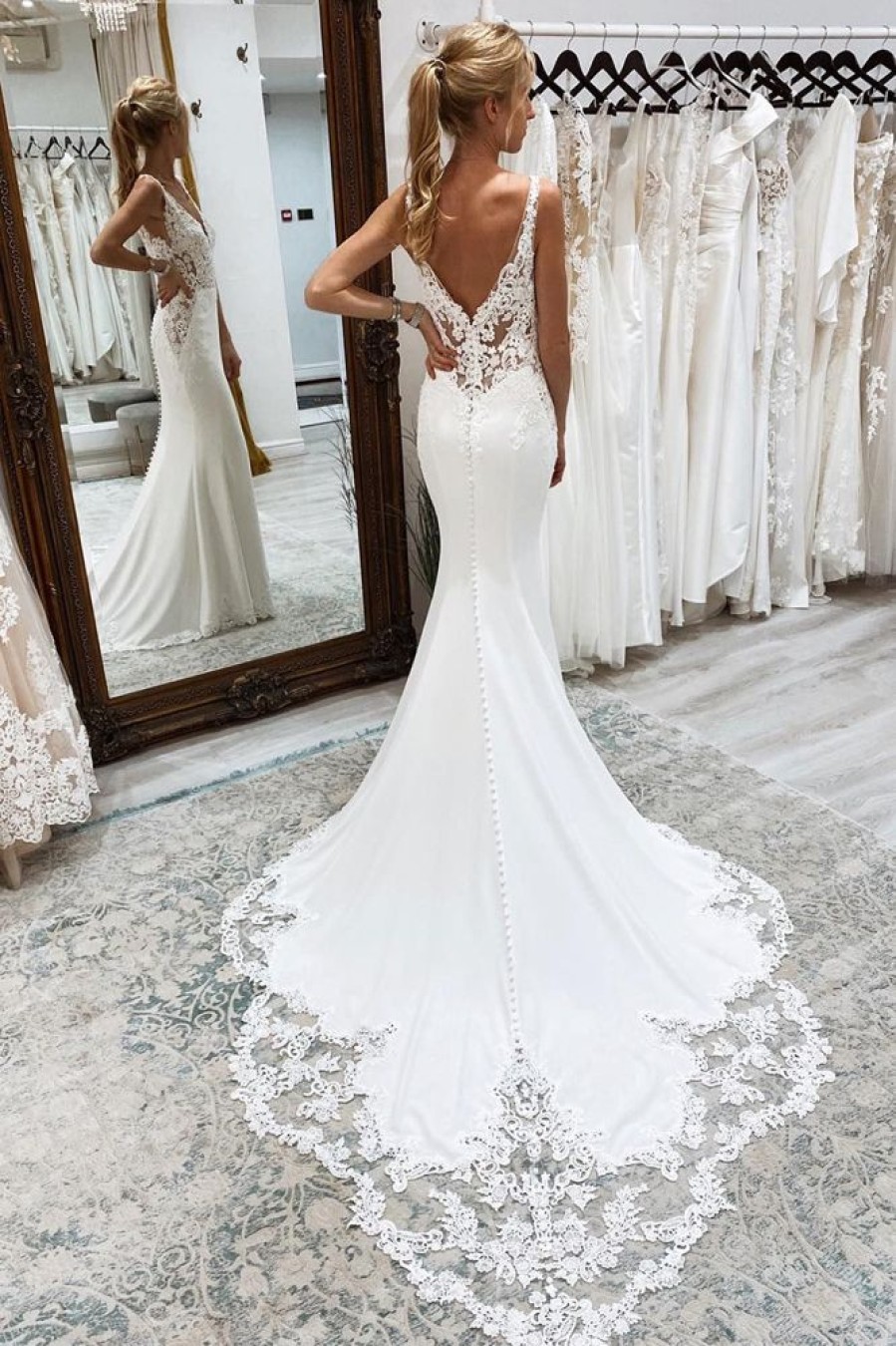 Homrain Mermaid Deep V-Neck Long Wedding Dress With Lace | Lace Wedding Dresses