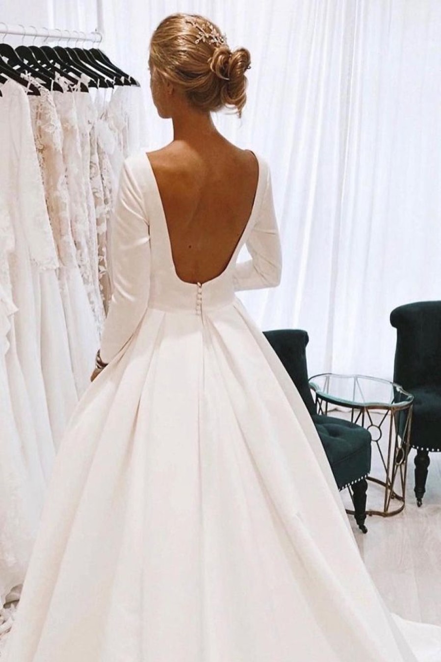 Homrain Vintage Bateau Long A-Line Wedding Dress With Sleeves | Simple Wedding Dresses