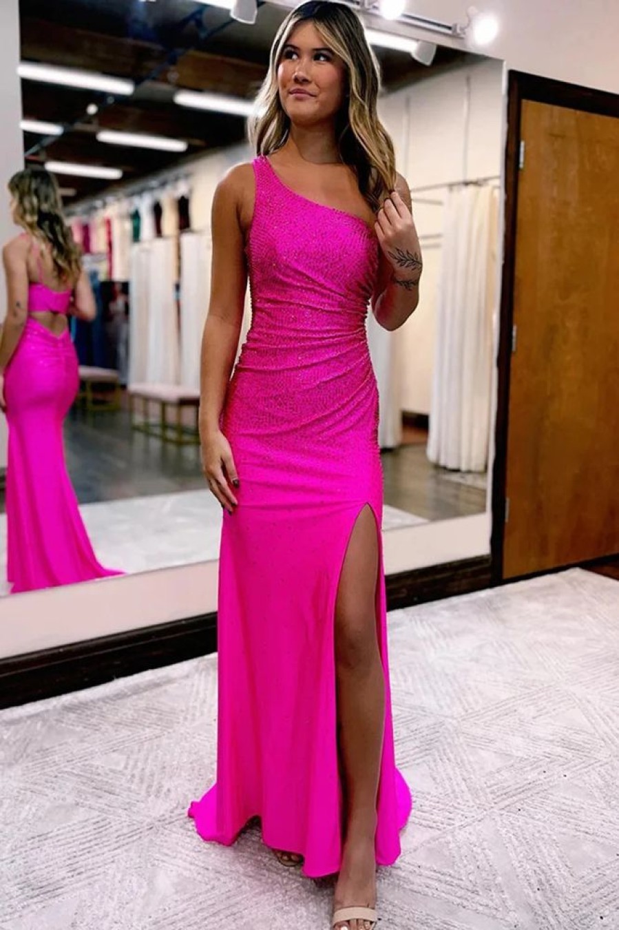 Homrain Sheath One Shoulder Long Prom Dress With Beading | Hot Pink Prom Dresses