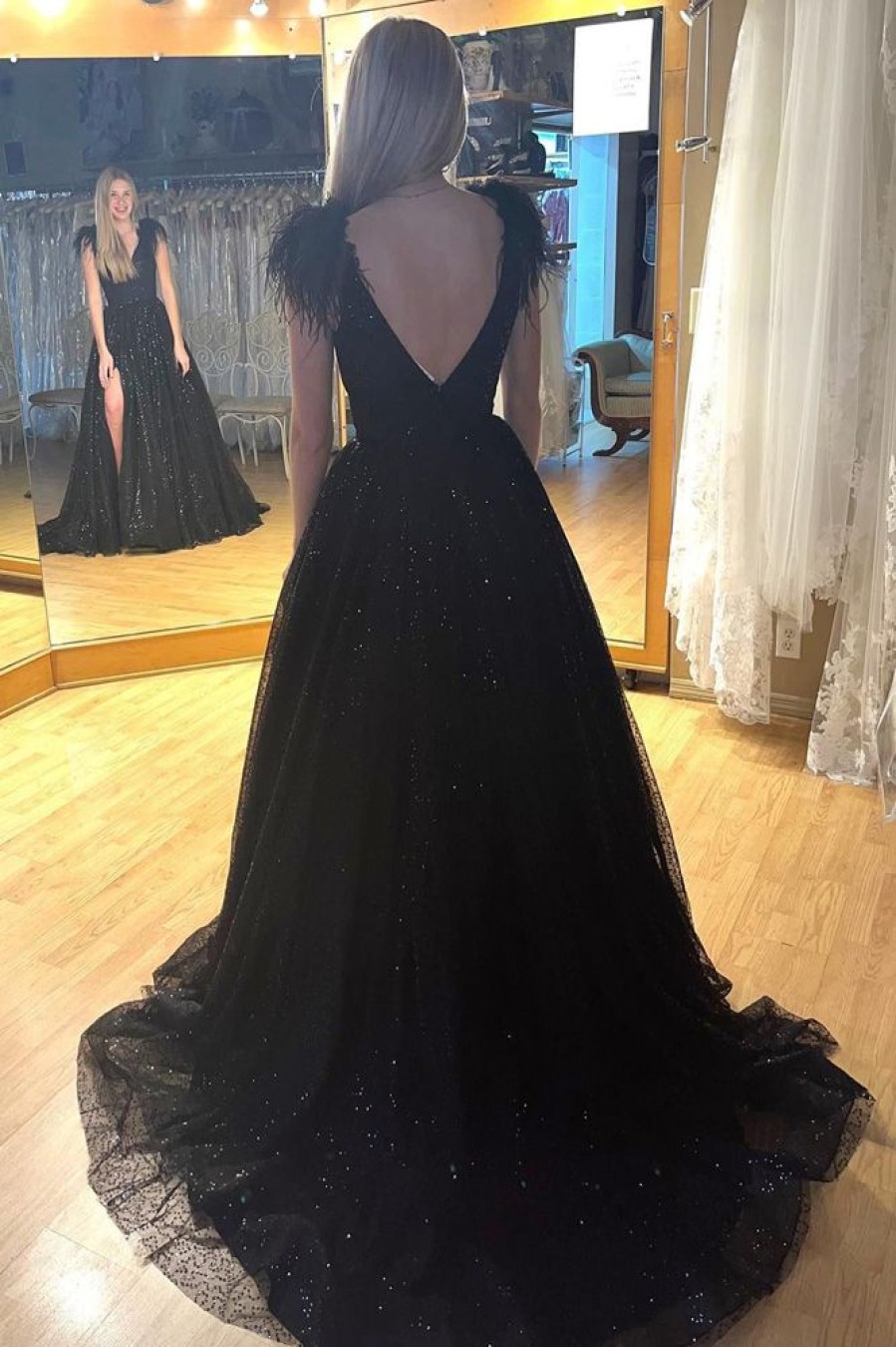 Homrain Sparkly A-Line Black Sequins Long Prom Dress With Slit | Black Prom Dresses