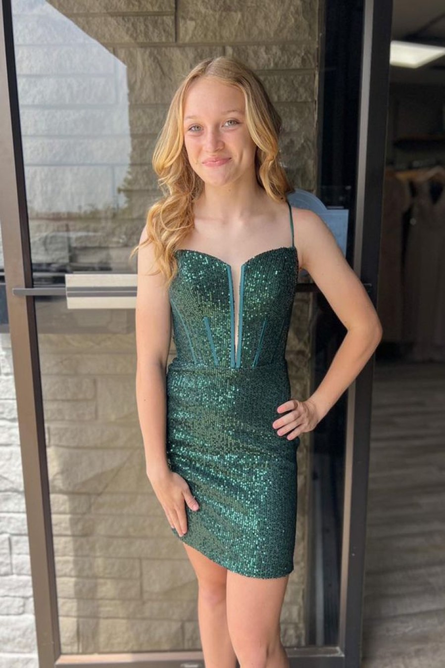 Homrain Sparkly Corset Sequins Sleeveless Tight Homecoming Dress | Green Hoco Dresses