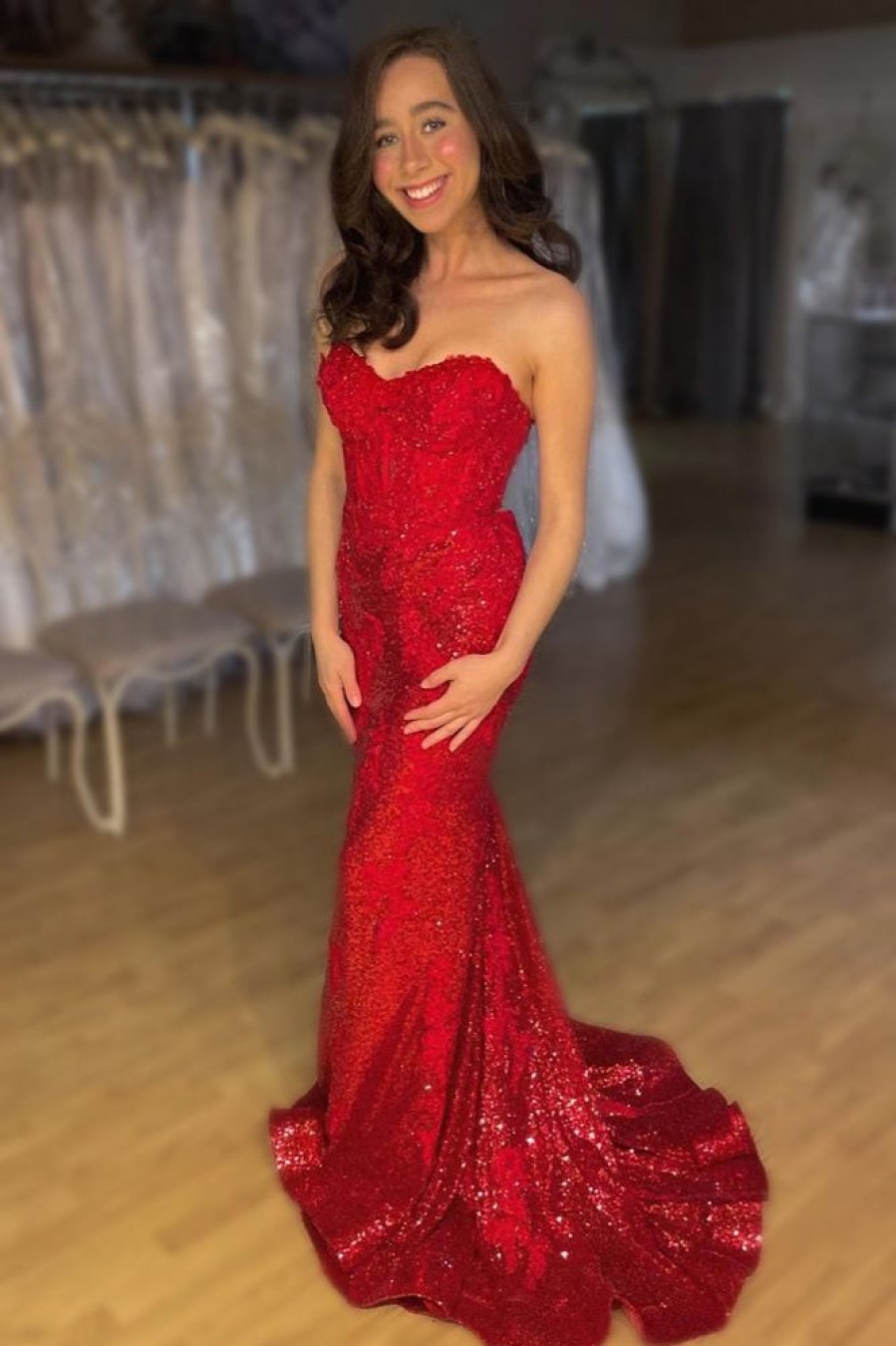 Homrain Mermaid Sweetheart Sparkly Sequins Long Prom Dress | Red Prom Dresses