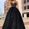 Homrain Sparkly Spaghetti Straps A-Line Prom Dress | Black Prom Dresses