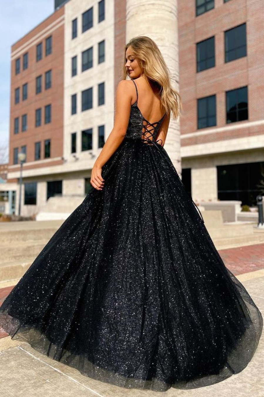 Homrain Sparkly Spaghetti Straps A-Line Prom Dress | Black Prom Dresses