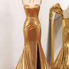 Homrain Sparkly En Mermaid Strapless Long Prom Dress With Slit | Gold Prom Dresses