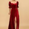 Homrain Velvet Half Sleeves Bridesmaid Dress With Slit | Burgundy Bridesmaid Dress