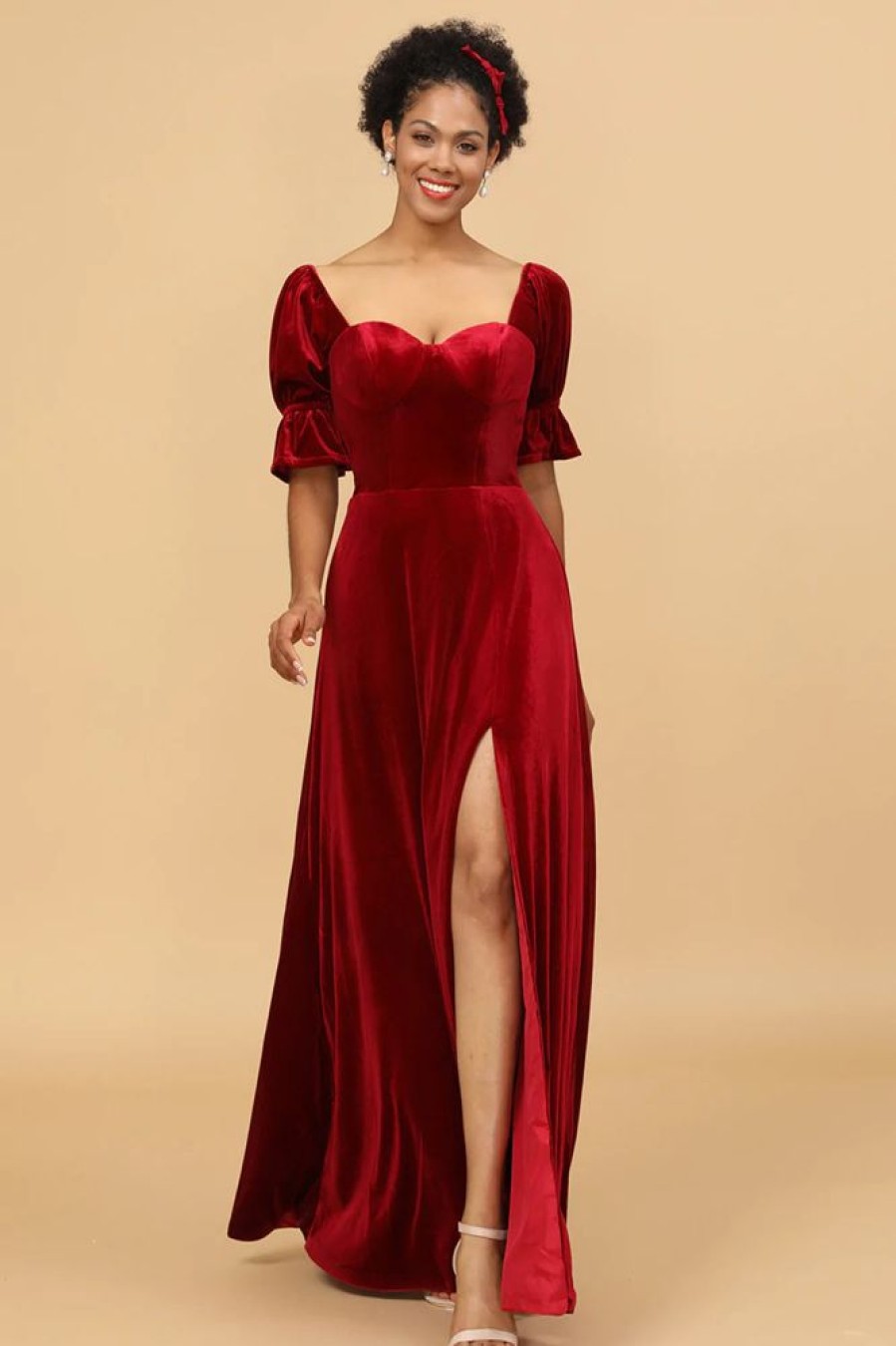 Homrain Velvet Half Sleeves Bridesmaid Dress With Slit | Burgundy Bridesmaid Dress