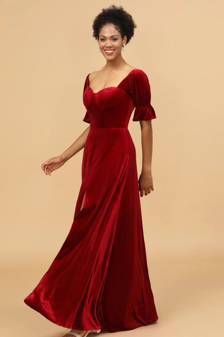 Homrain Velvet Half Sleeves Bridesmaid Dress With Slit | Burgundy Bridesmaid Dress