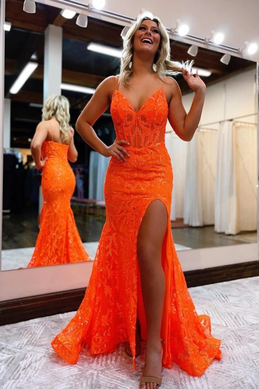 Homrain Spaghetti Straps Mermaid Prom Dress | Orange Prom Dresses