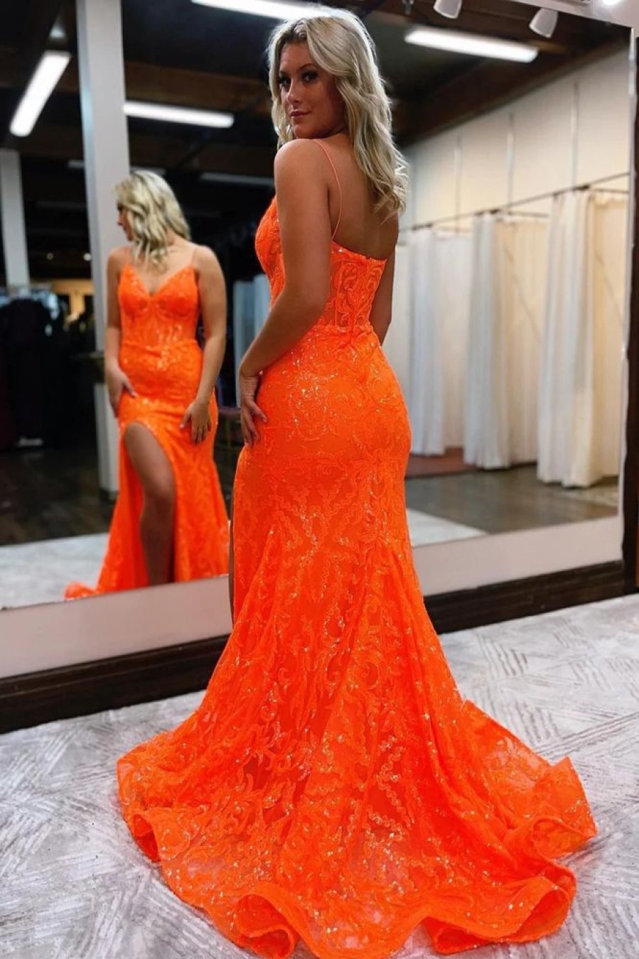 Homrain Spaghetti Straps Mermaid Prom Dress | Orange Prom Dresses