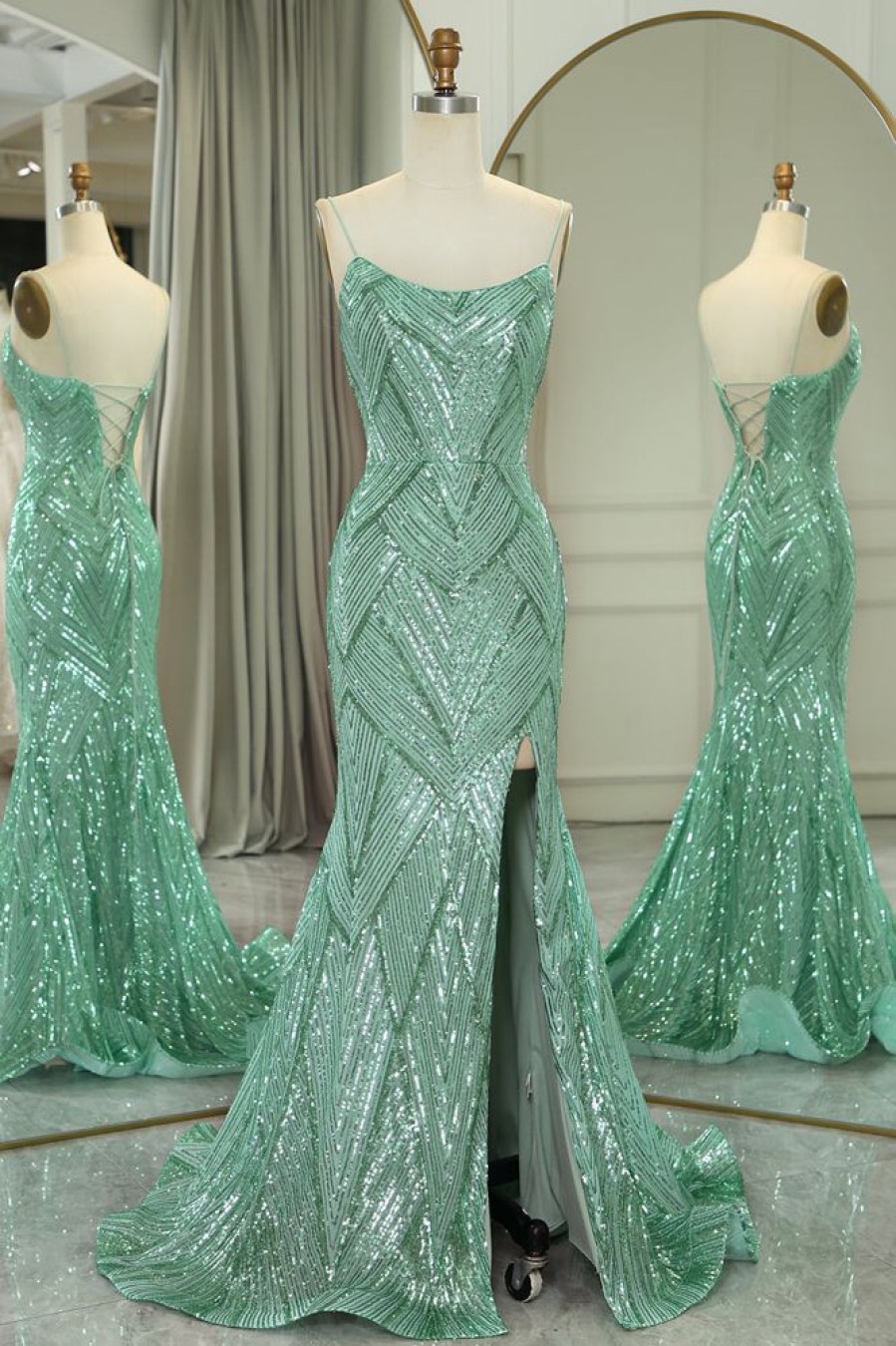 Homrain Glitter Mermaid Long Prom Dress With Slit | Green Prom Dresses