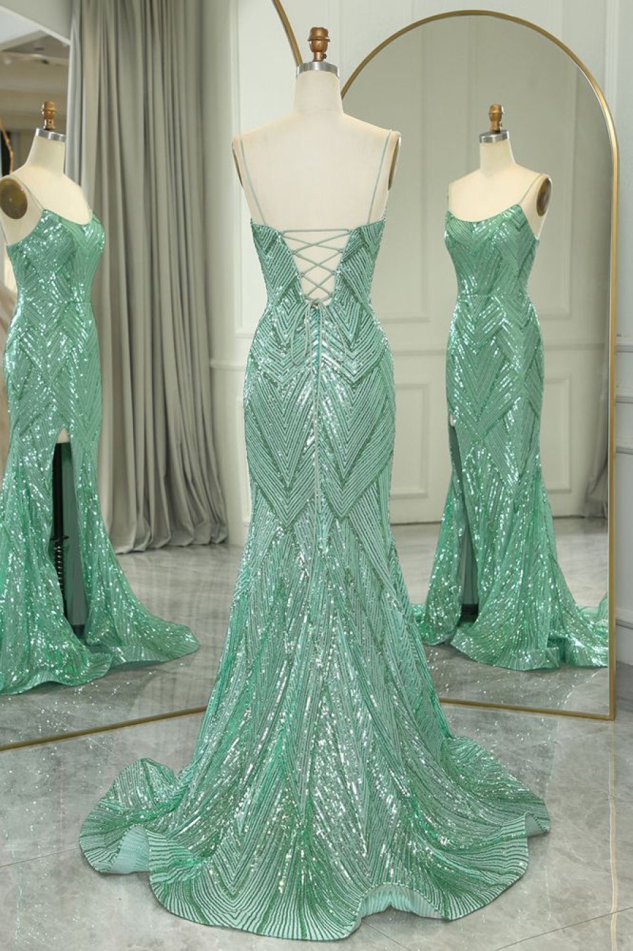 Homrain Glitter Mermaid Long Prom Dress With Slit | Green Prom Dresses