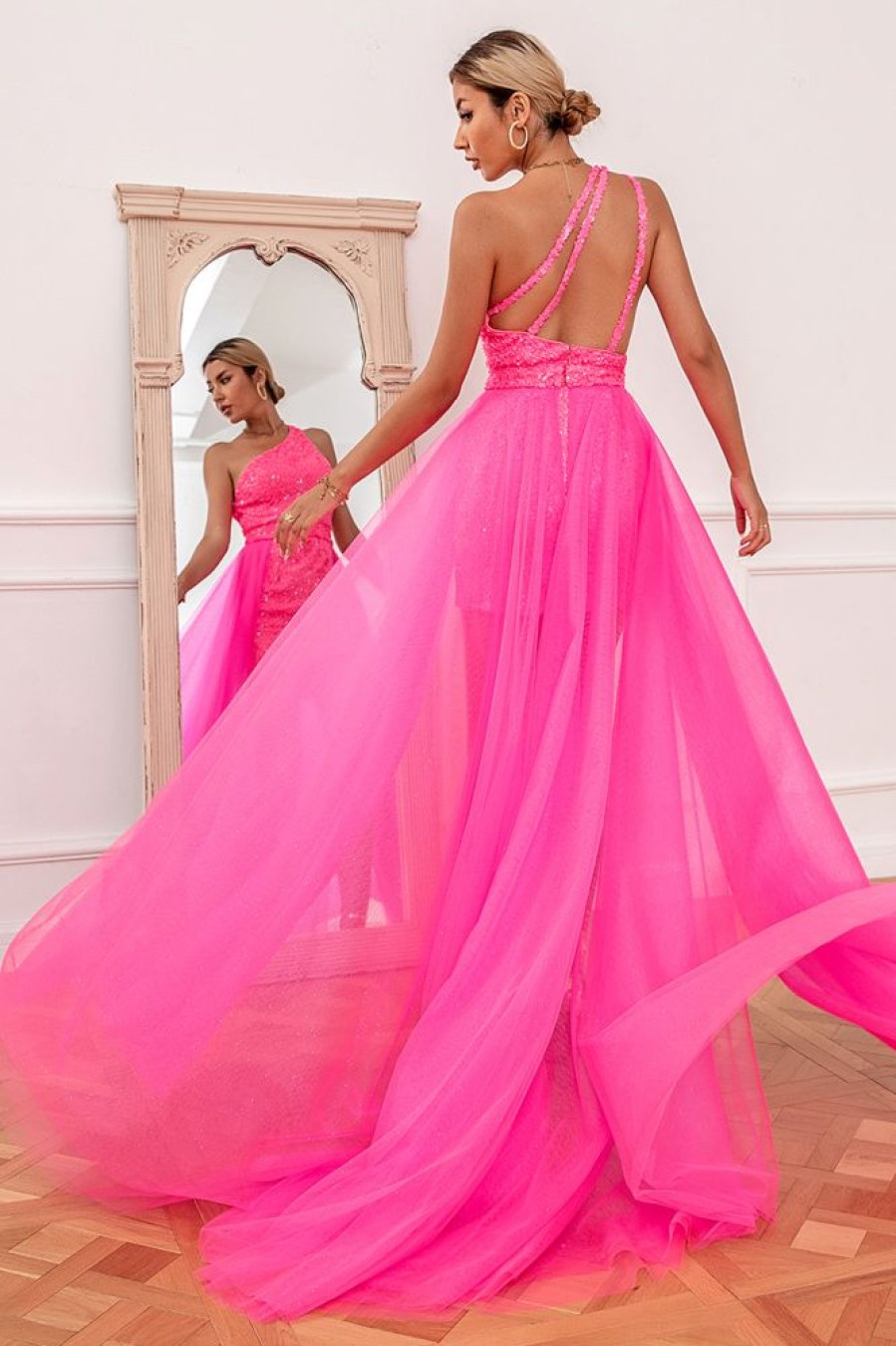 Homrain Hot Detchable Train Prom Dress | Hot Pink Prom Dresses