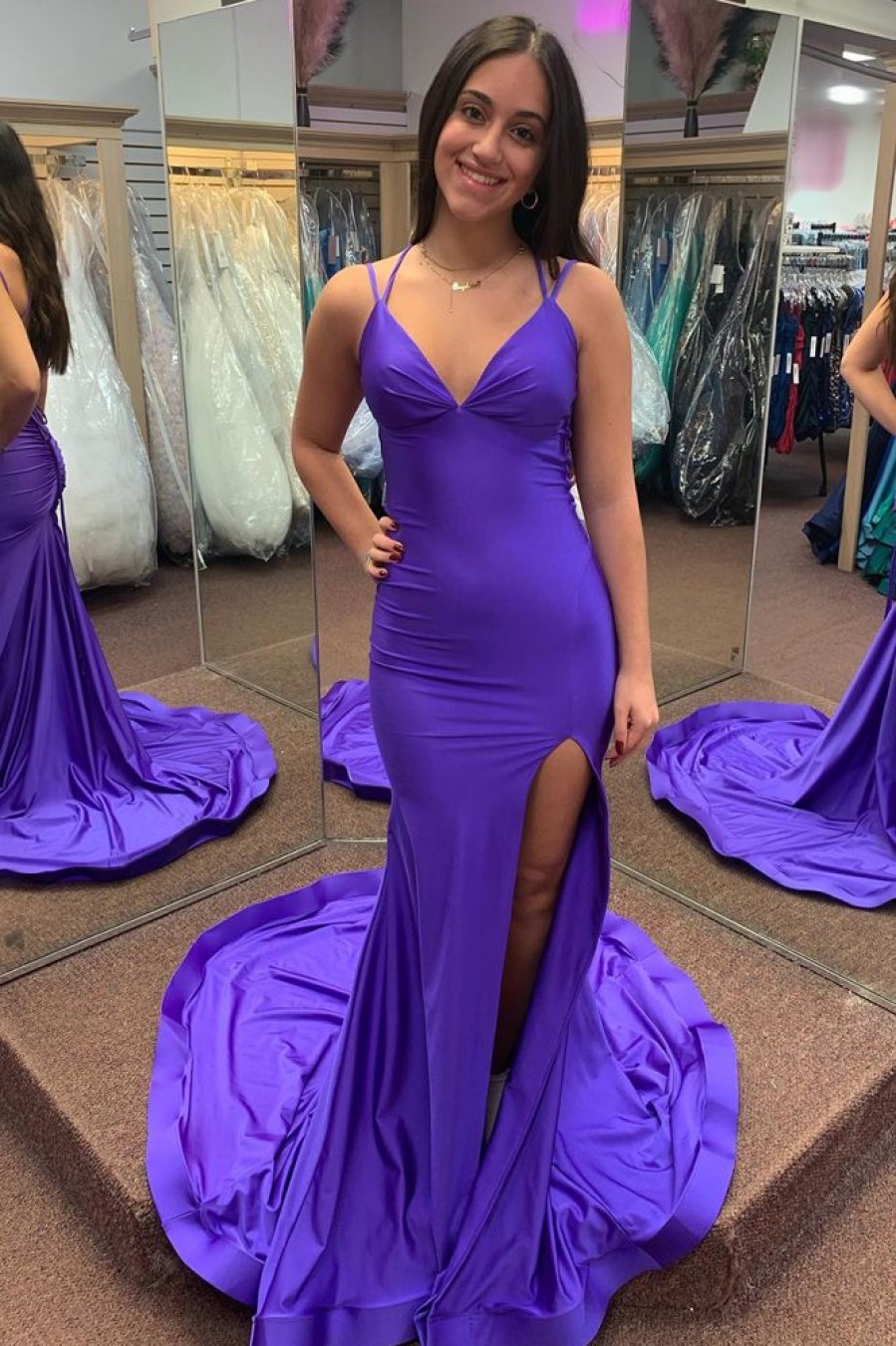 Homrain Mermaid Spaghetti Straps Long Prom Dress With Slit | Purple Prom Dresses