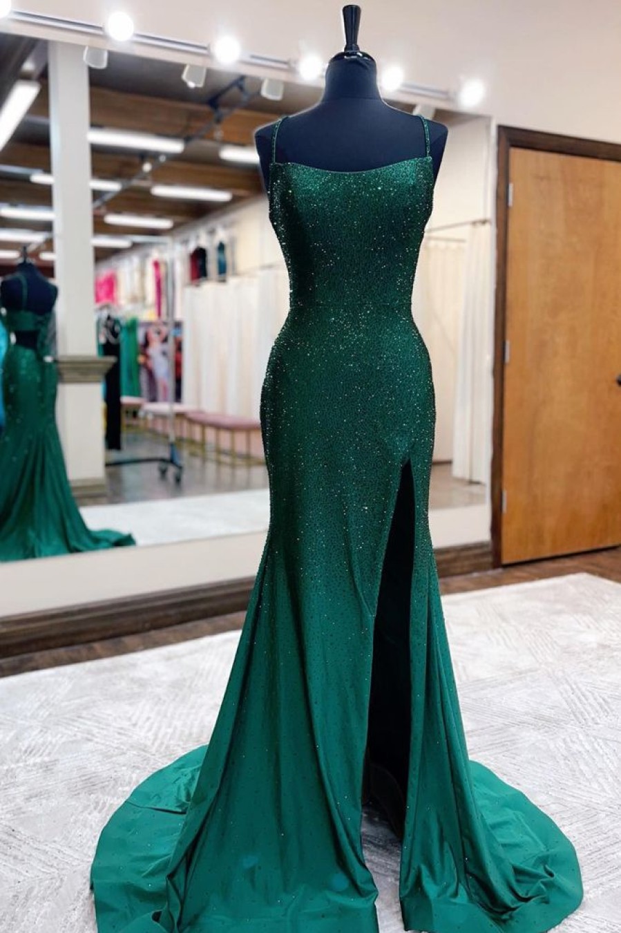 Homrain Mermaid Spaghettti Straps Sequins Long Prom Dress With Split Front | Green Prom Dresses