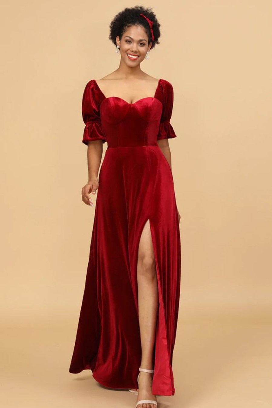 Homrain Velvet Half Sleeves Bridesmaid Dress With Slit | Bridesmaid Dresses 2024