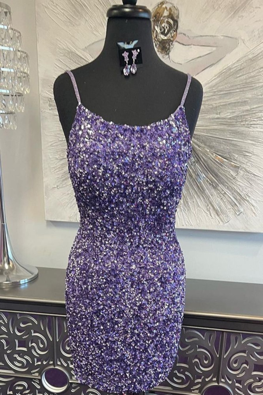 Homrain Sparkly Open Back Short Hoco Dress | Purple Hoco Dresses