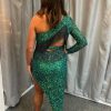 Homrain One Shoulder Sequins Fringed Tight Homecoming Dress | Green Hoco Dresses