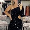 Homrain Waist Cut Out One Shoulder Tight Sequins Homecoming Dress With Sleeves | Black Hoco Dresses