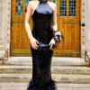 Homrain Mermaid Halter Sequins Long Vintage Prom Dress With Feathers | Black Prom Dresses