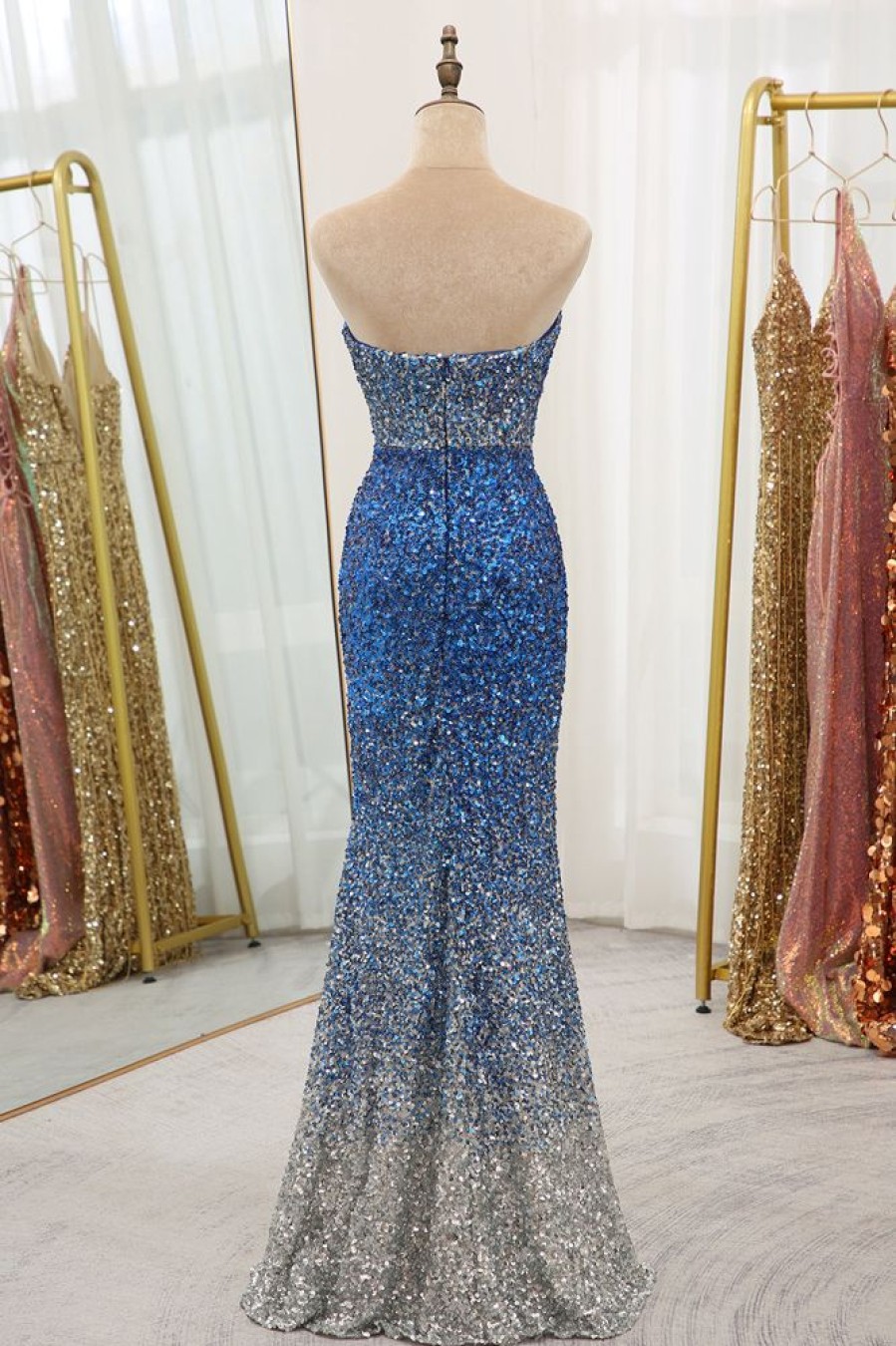 Homrain Sparkly Sequined Mermaid Strapless Long Prom Dress | Blue Prom Dresses