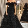 Homrain Sparkly Long Corset Tiered Detachable Off The Shoulder Prom Dress With Slit | Black Prom Dresses