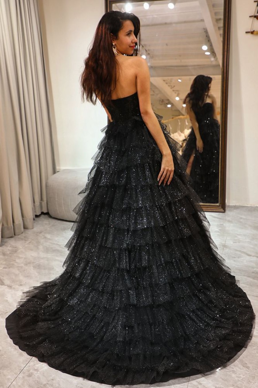 Homrain Sparkly Long Corset Tiered Detachable Off The Shoulder Prom Dress With Slit | Black Prom Dresses