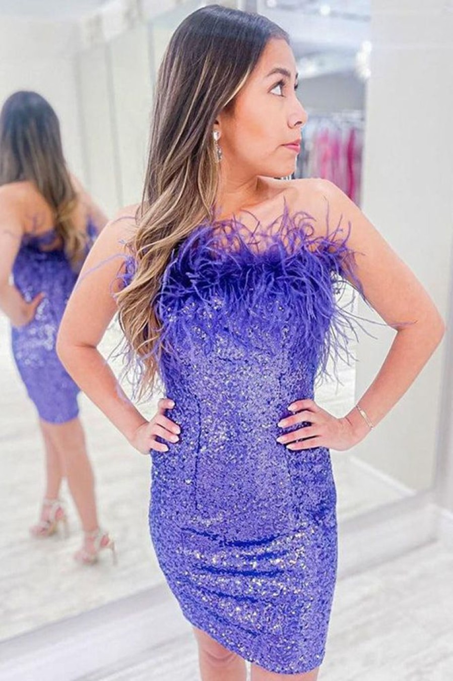 Homrain Sparkly Tight Sequins Homecoming Dress With Feathers | Purple Hoco Dresses