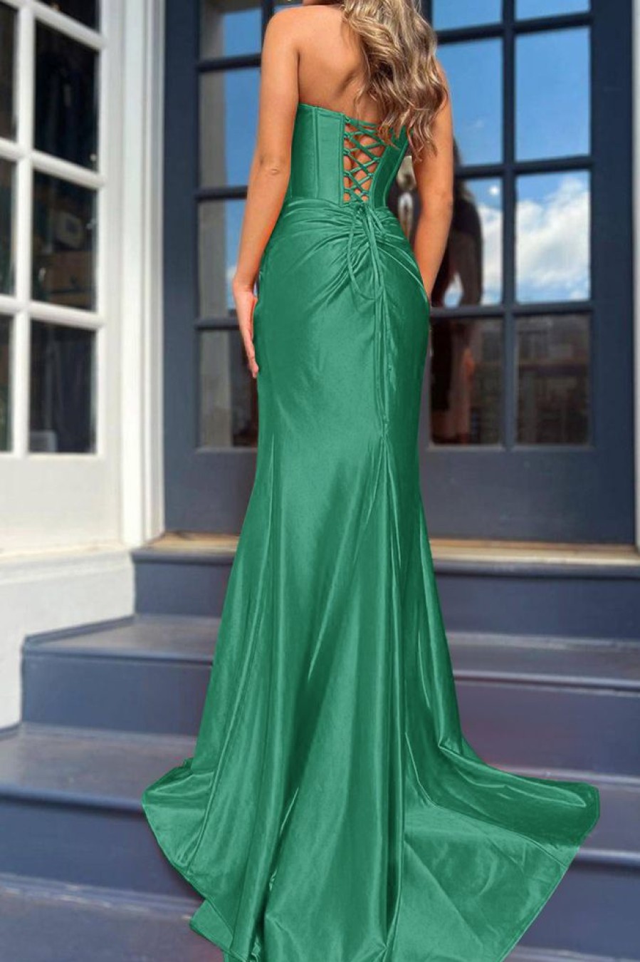 Homrain Corset Mermaid Draped Satin Long Prom Dress With Slit | Blue Prom Dresses