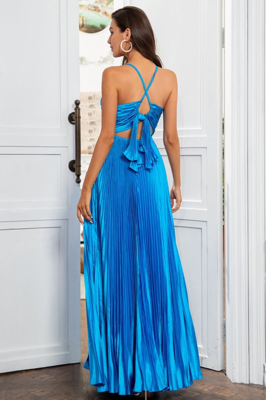 Homrain A Line Spaghetti Straps Long Prom Dress | Blue Prom Dresses