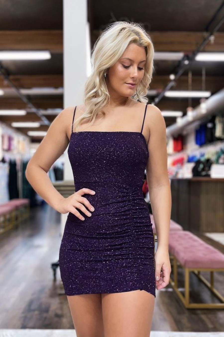 Homrain Glitter Sequins Spaghetti Straps Tight Short Homecoming Dress | Purple Hoco Dresses