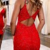 Homrain Open Back Spaghetti Straps Appliques Tight Homecoming Dress | Red Hoco Dresses