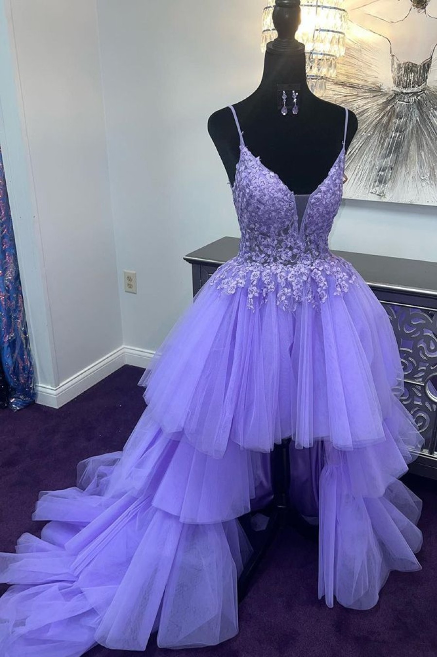 Homrain High Low Tiered Homecoming Dress With Lace | Purple Hoco Dresses