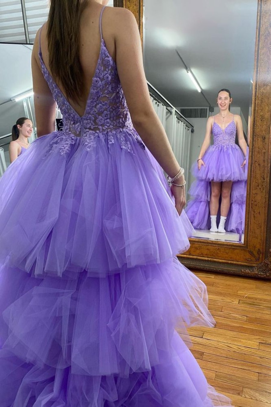 Homrain High Low Tiered Homecoming Dress With Lace | Purple Hoco Dresses