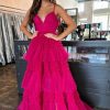 Homrain Tulle Spaghetti Straps Long Prom Dress | Hot Pink Prom Dresses