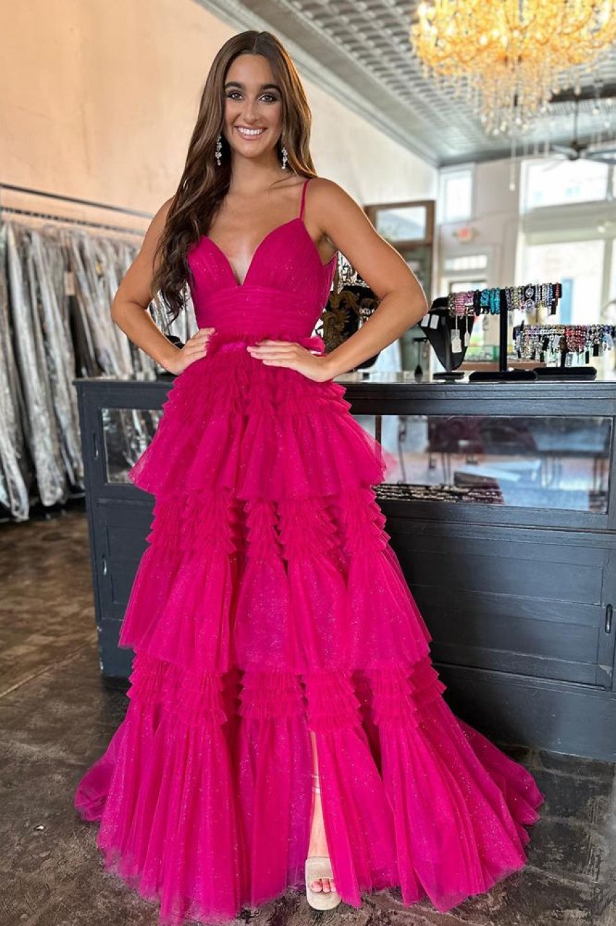 Homrain Tulle Spaghetti Straps Long Prom Dress | Hot Pink Prom Dresses