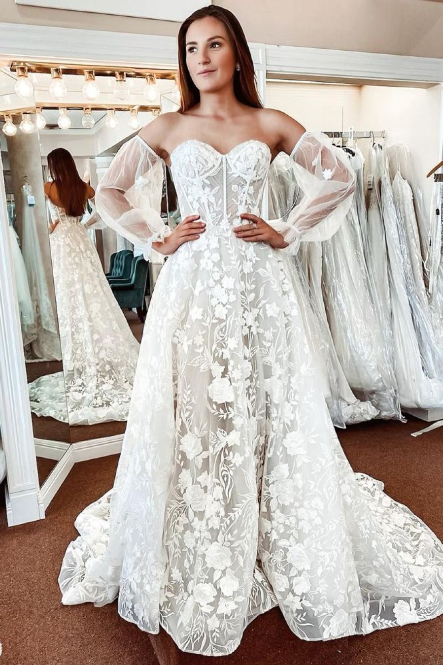 Homrain Lace A-Line Detachable Long Sleeves Corset Long Wedding Dress | Lace Wedding Dresses